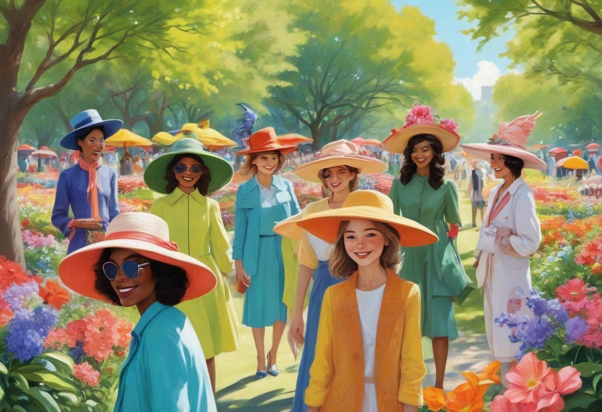 A vibrant scene showcasing a diverse group of people wearing various stylish hats, each reflecting their unique personality and flair. The background features a sunny park with blooming flowers and trees, emphasizing a sense of fashion and joy. Include elements like a hat stand displaying numerous hat styles on the side. Show the characters interacting happily while highlighting their fashion statements. colorful caricature illustration. bright colors. whimsical style.